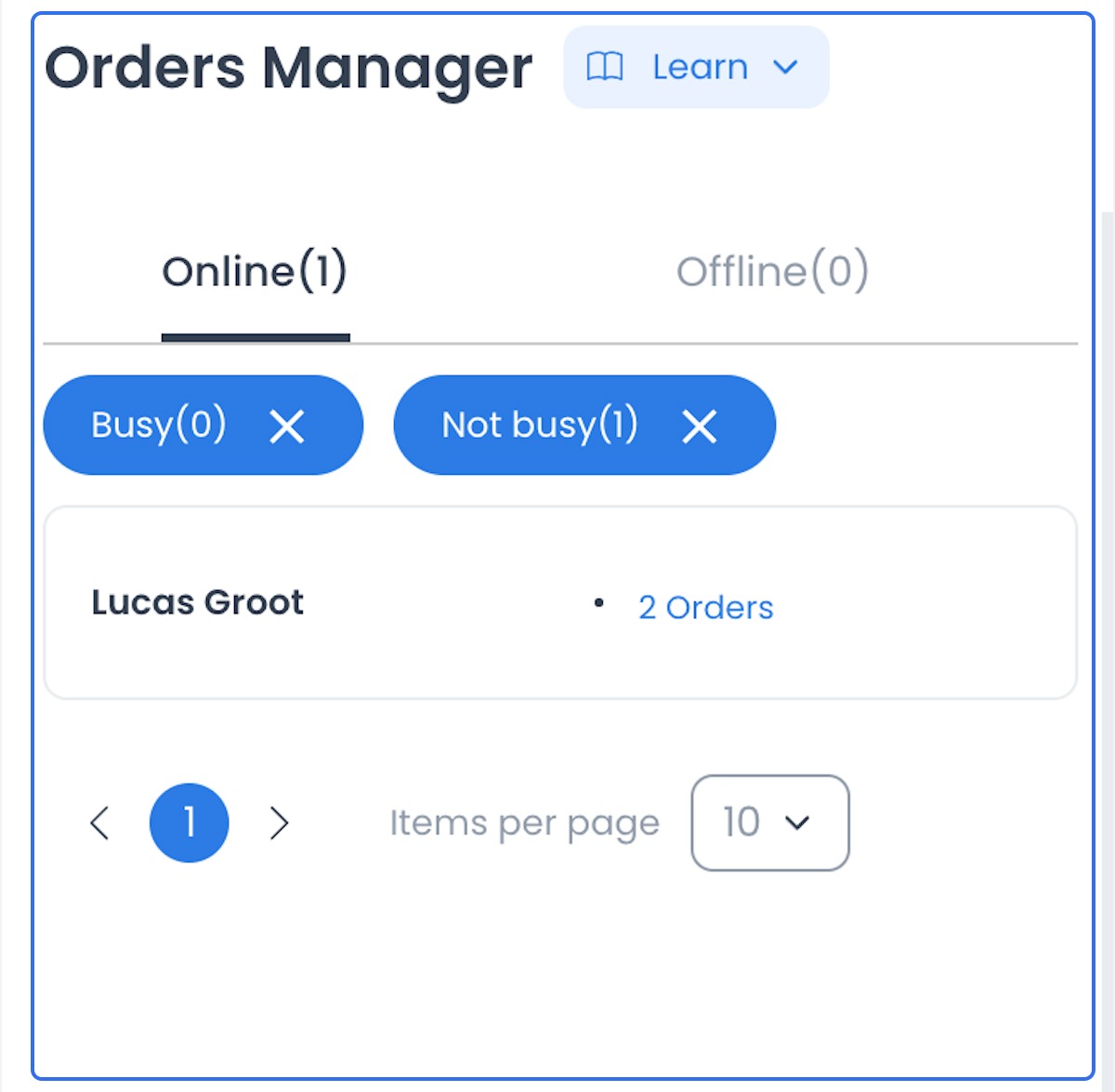 Espacio de trabajo Orders manager con controles de disponibilidad de Driver