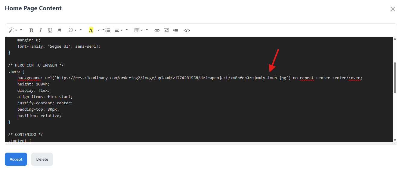 Image URL inserted into homepage content code