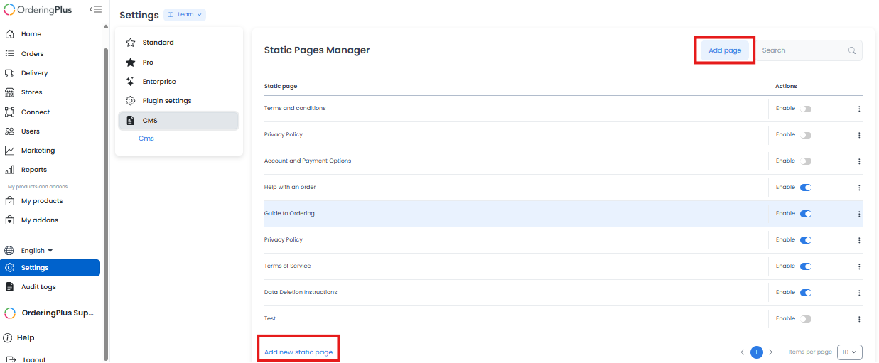 Add new static page action in the Static Pages manager