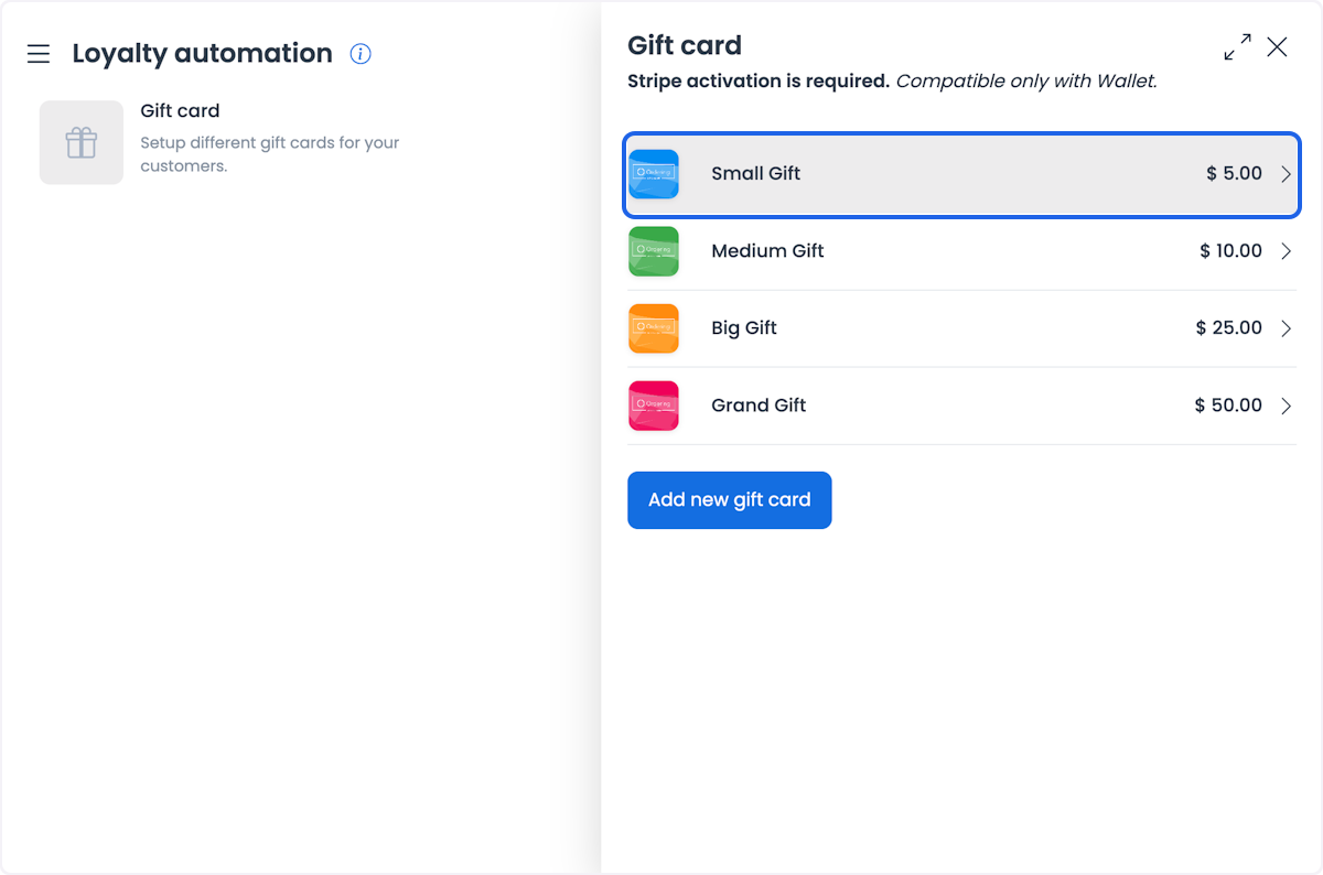 Panel histórico de tarjetas de regalo que indica que se requiere activar Stripe y que solo son compatibles con Wallet