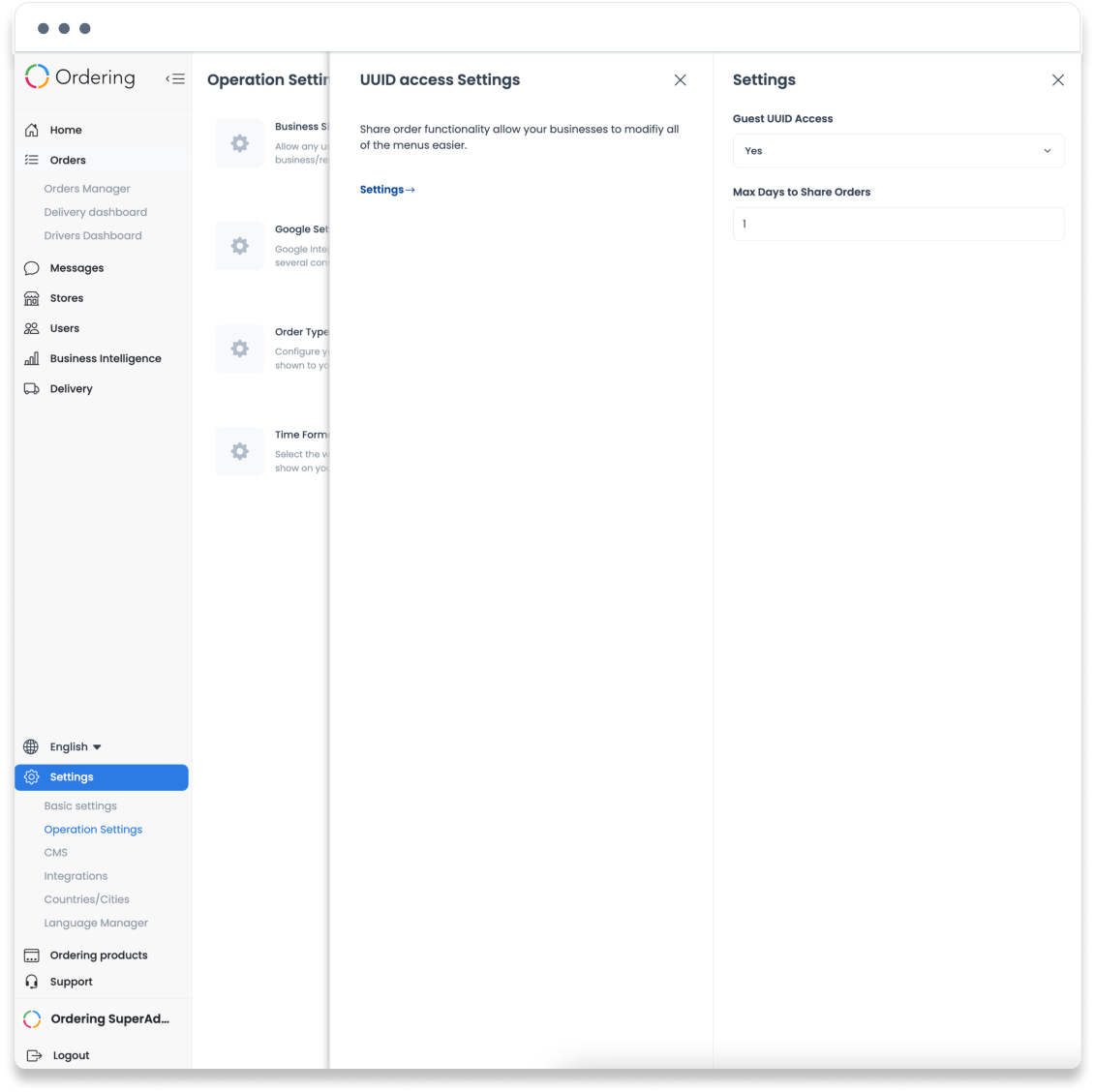 UUID access Settings panel with Guest UUID Access and Max Days to Share Orders