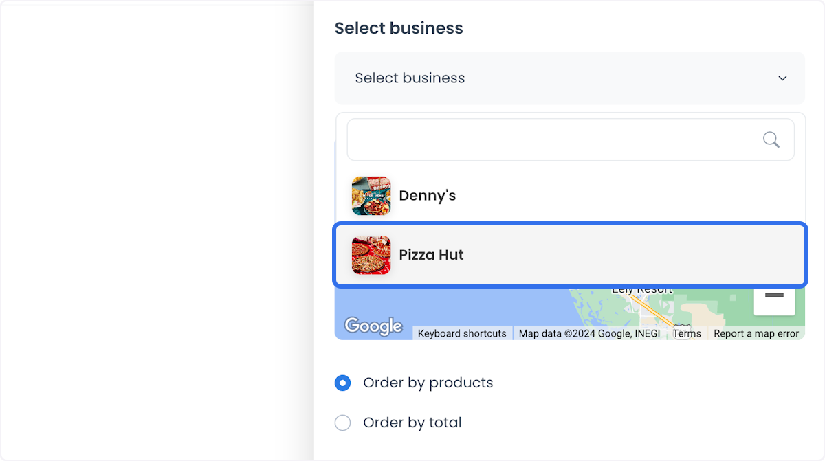Selección de negocio y modalidades para crear el pedido en Create custom order