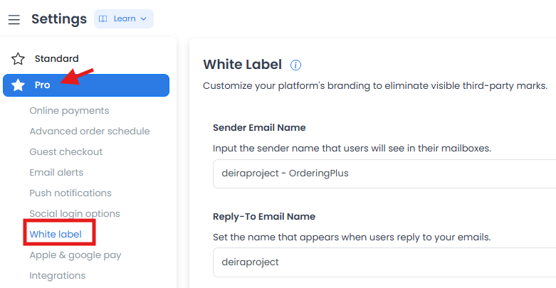 Vista de configuración de marca y detalles del remitente
