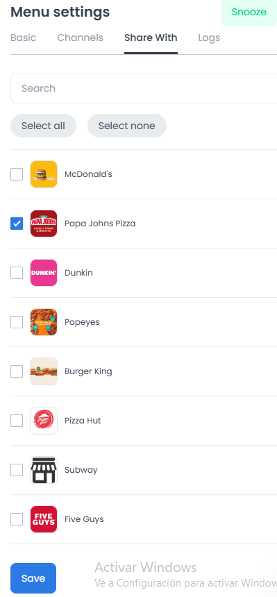 Store selection for menu sharing