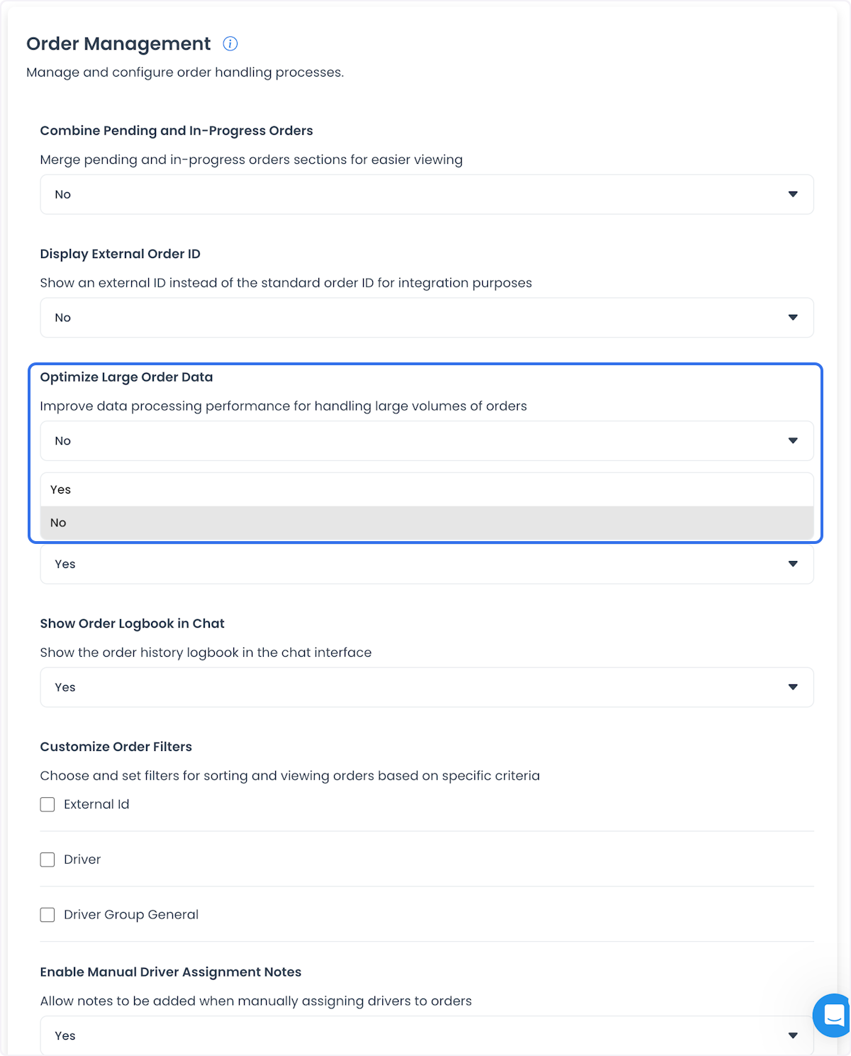 Control histórico de Order management para optimizar datos de pedidos grandes
