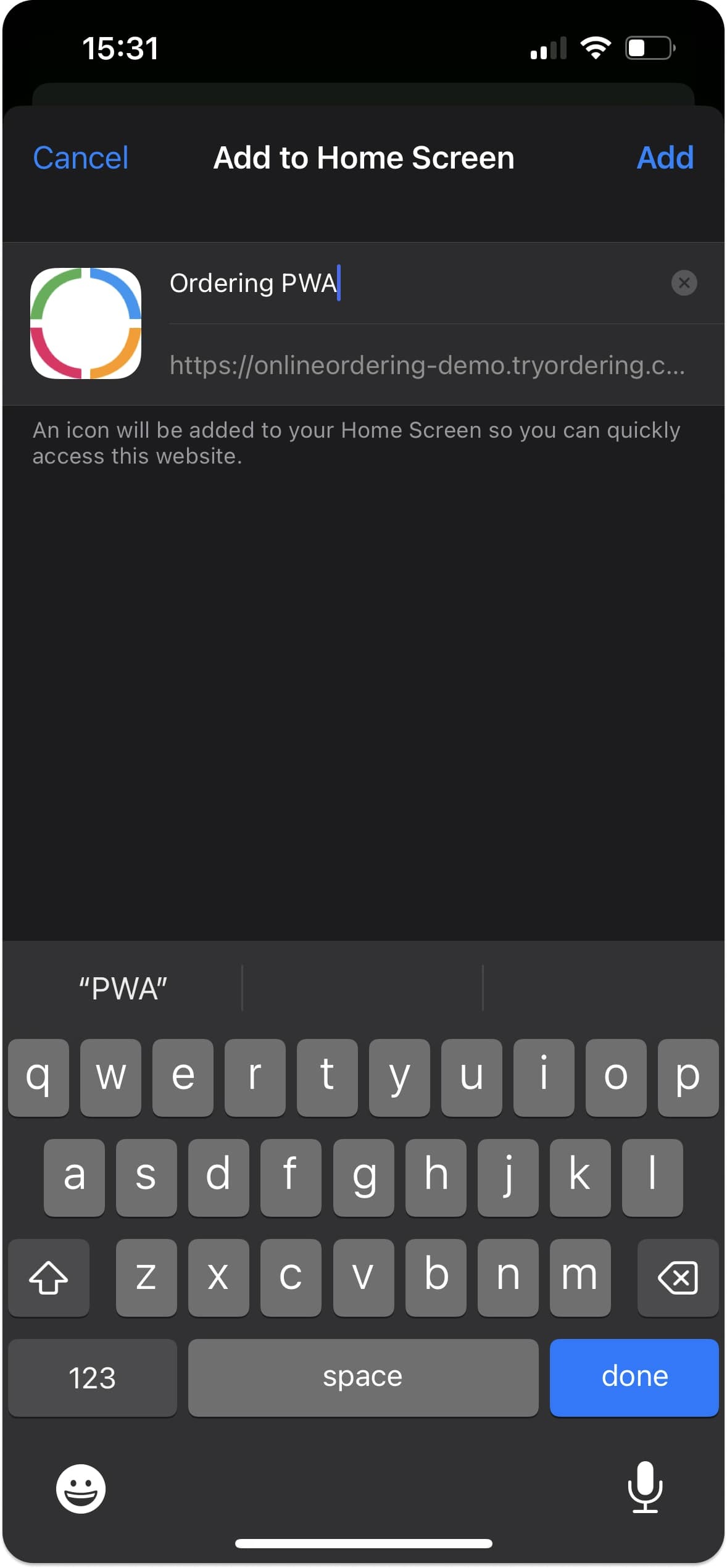 iOS dialog for naming the website shortcut