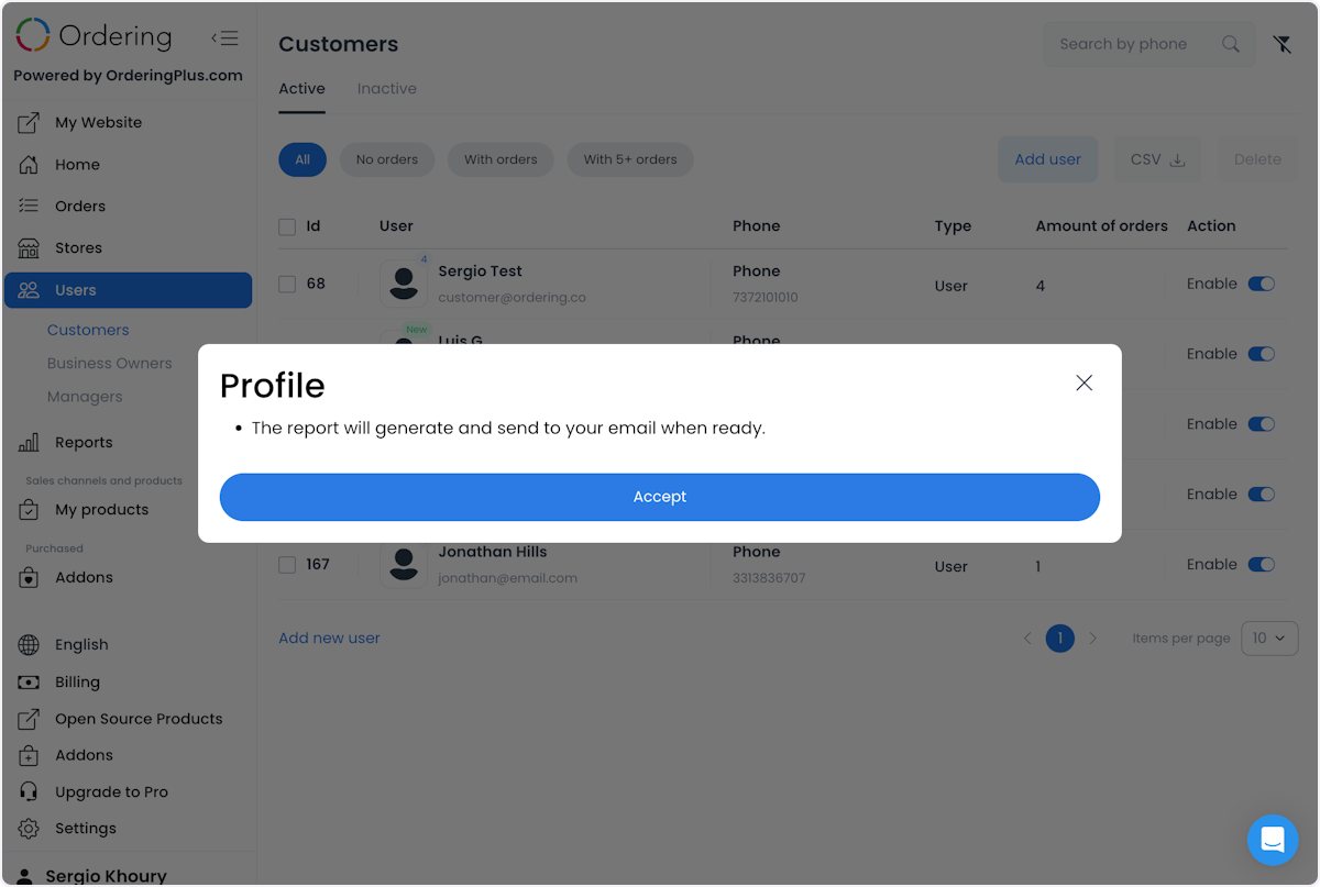 Cuadro de confirmación de exportación de clientes