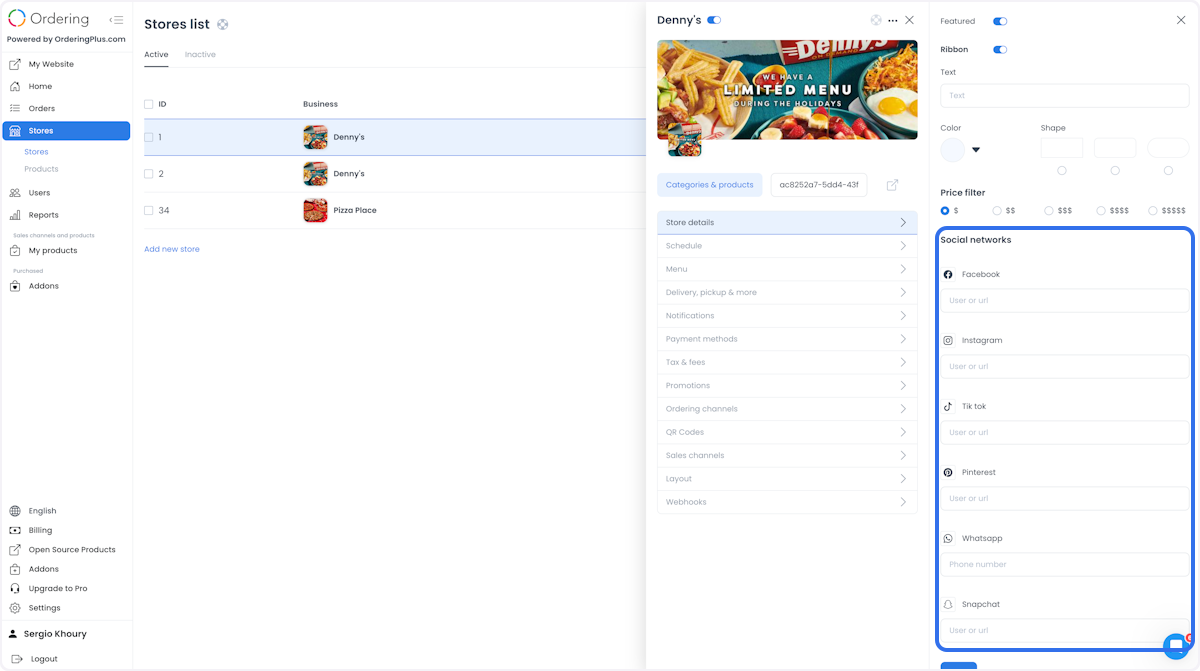 Campos de perfiles sociales de Facebook, Instagram, TikTok, Pinterest, WhatsApp y Snapchat
