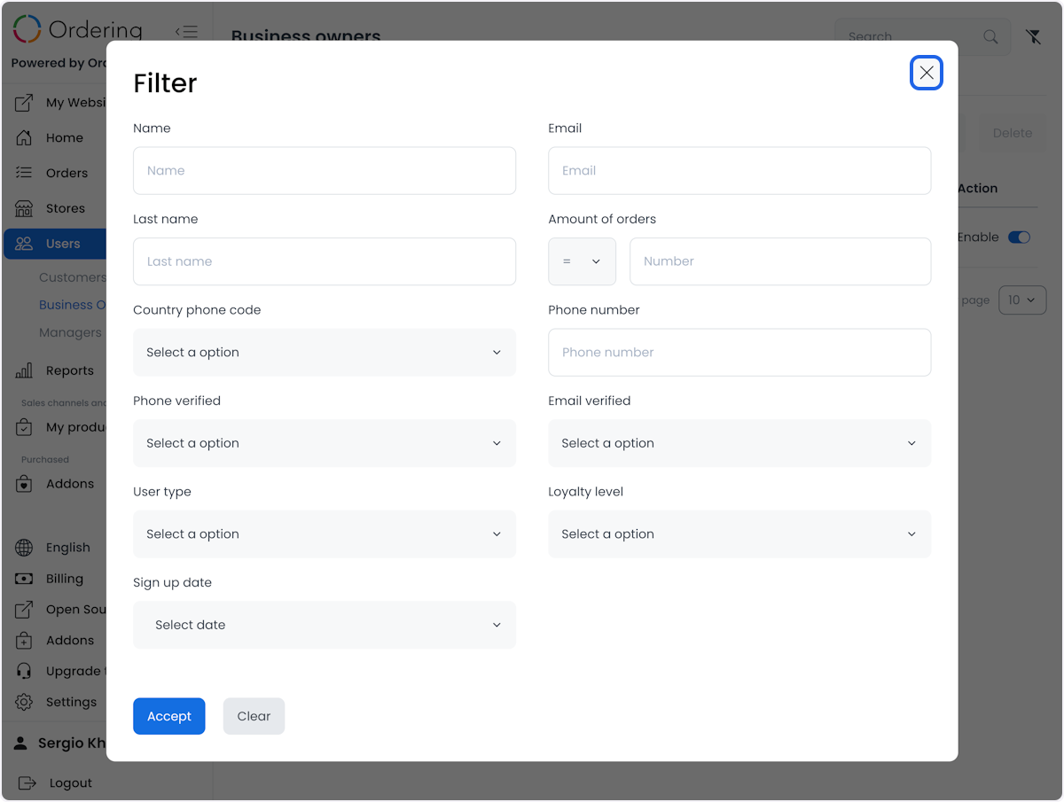Cuadro de filtros avanzados de business owner