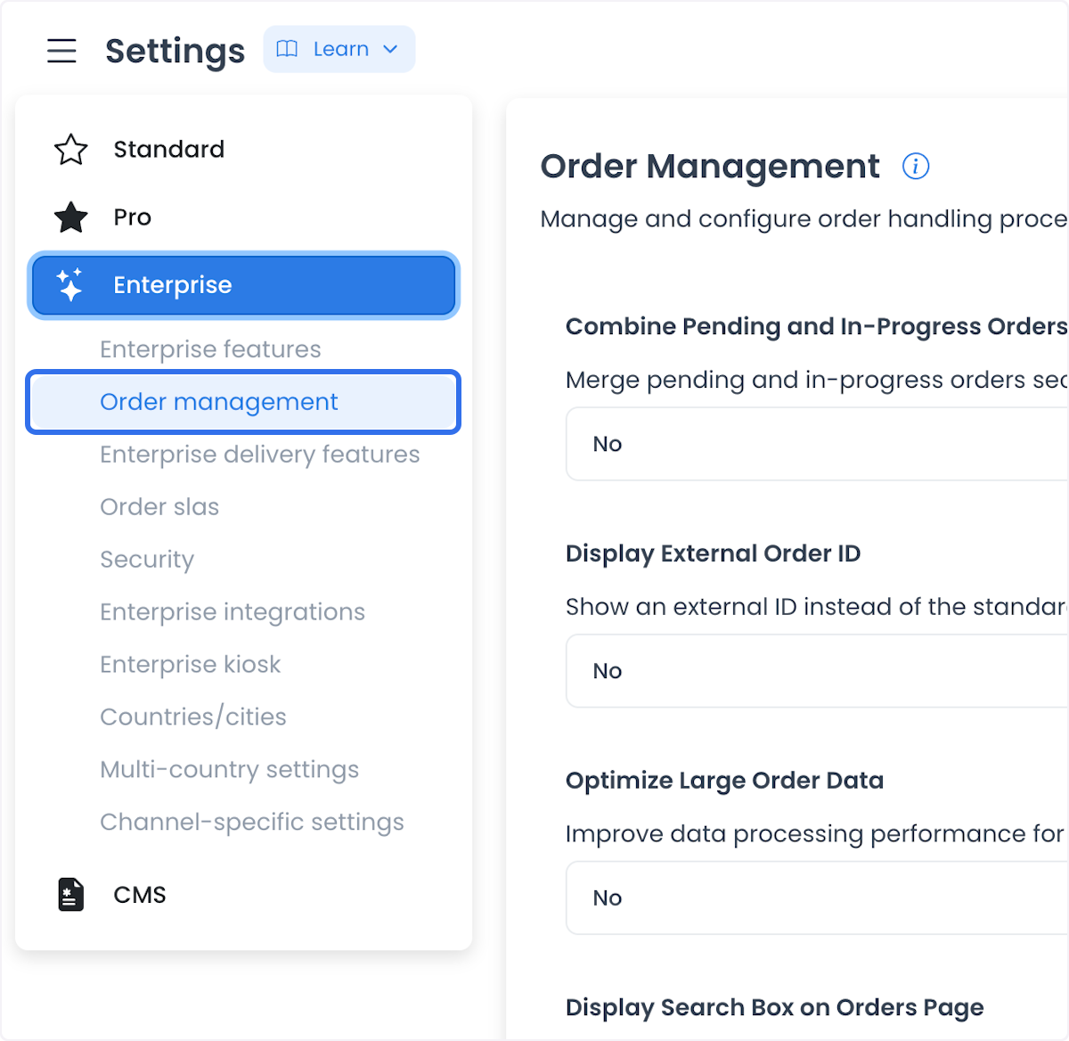Navegación histórica de Dashboard con Order management seleccionada