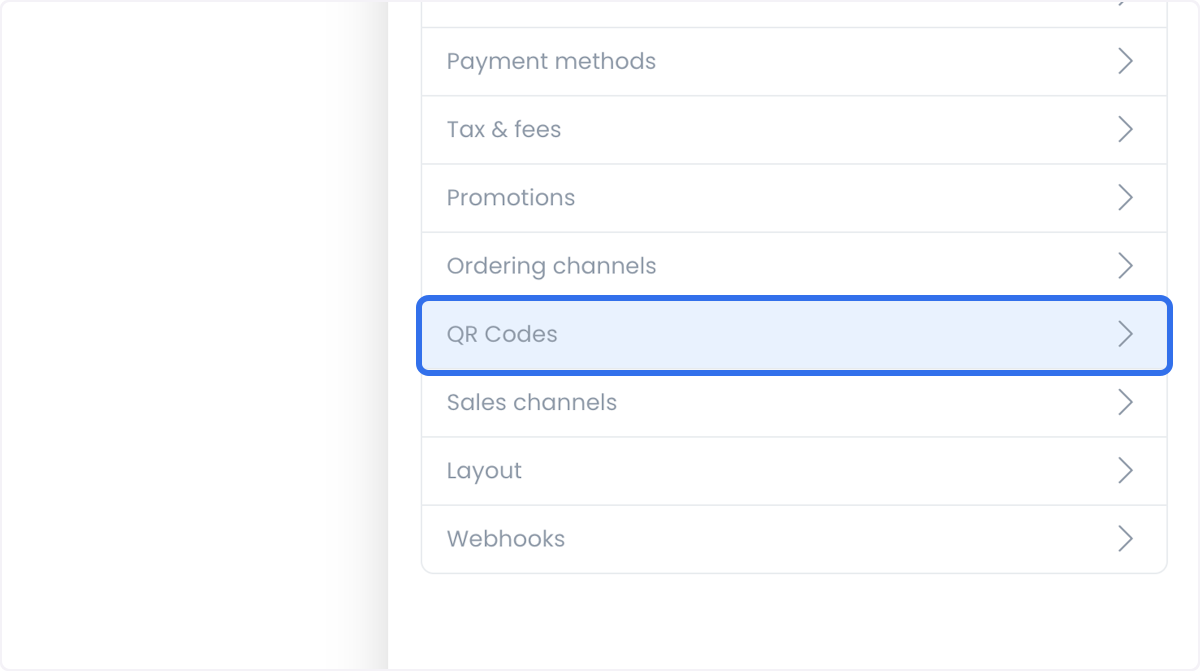 Store settings navigation with QR Codes selected