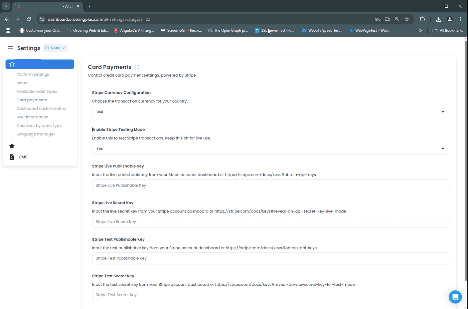 Ordering.co Card Payments configuration with empty Stripe credential fields