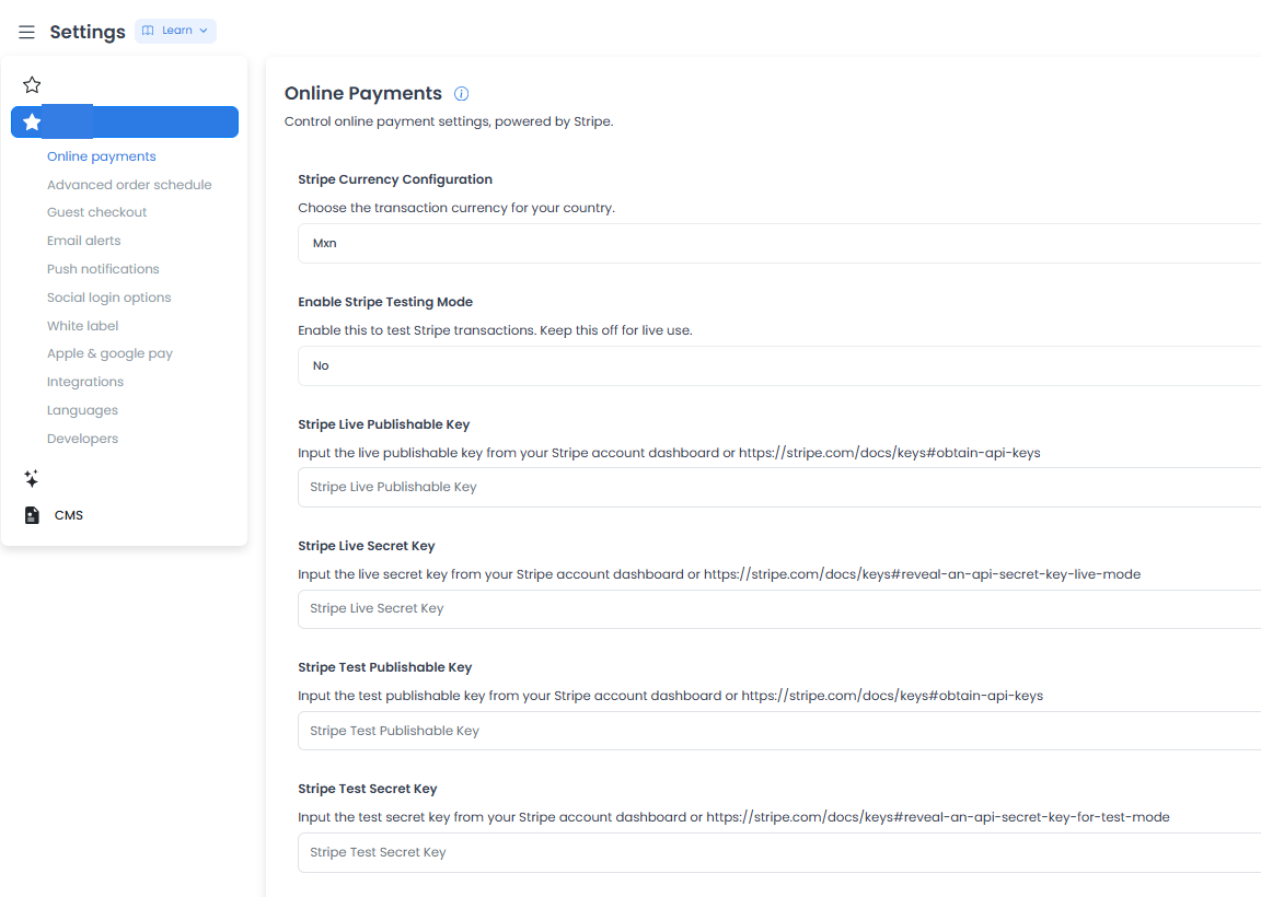 Ordering.co online payments configuration with currency, testing mode, and empty Stripe credential fields
