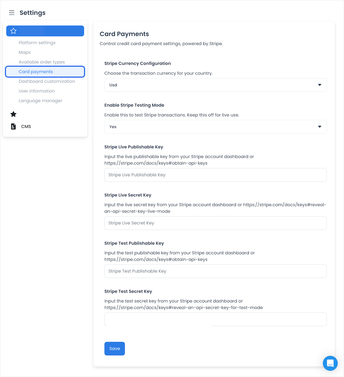 Ordering.co Card Payments settings with currency, testing mode, and four empty Stripe key fields
