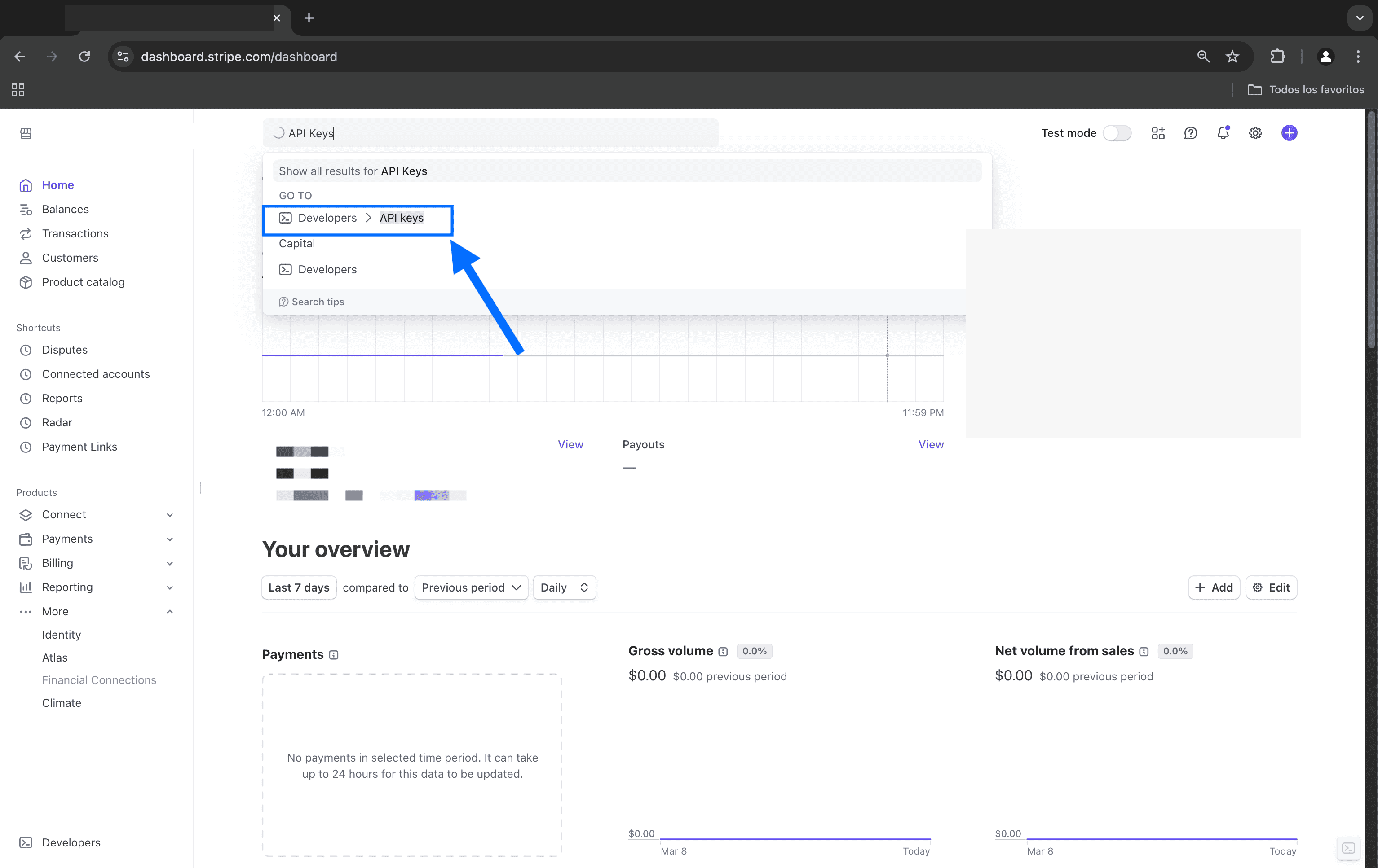 Stripe Dashboard search results with Developers and API keys highlighted