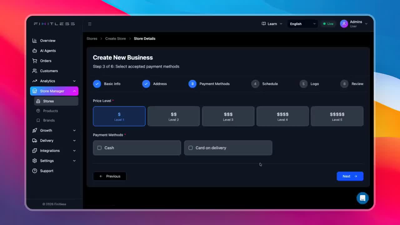 Payment methods and price level during business setup