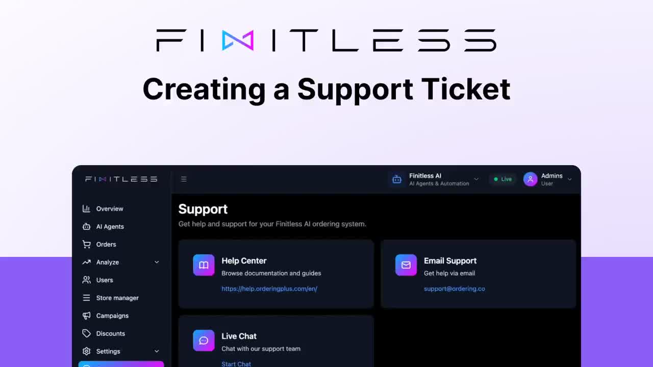 Historical Finitless Support page with Help Center, Email Support, and Live Chat options