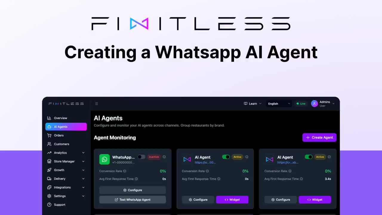 AI Agents dashboard showing a WhatsApp agent and its status