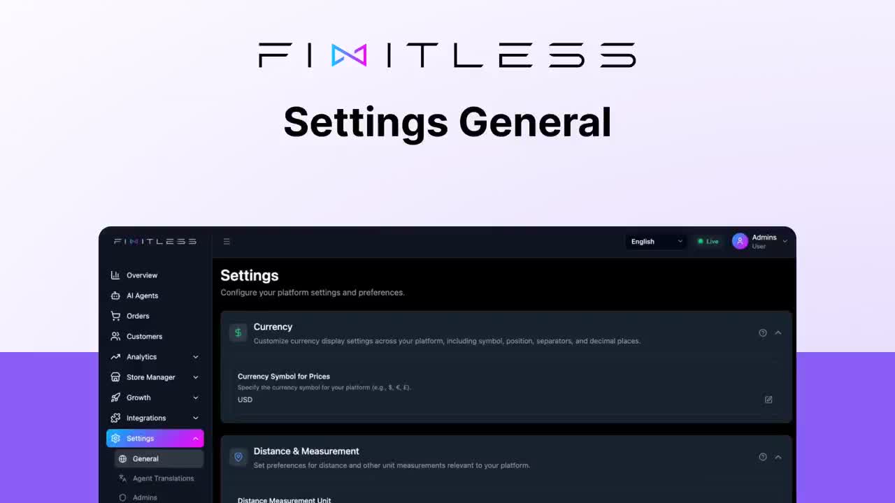 General Settings dashboard showing currency and measurement options